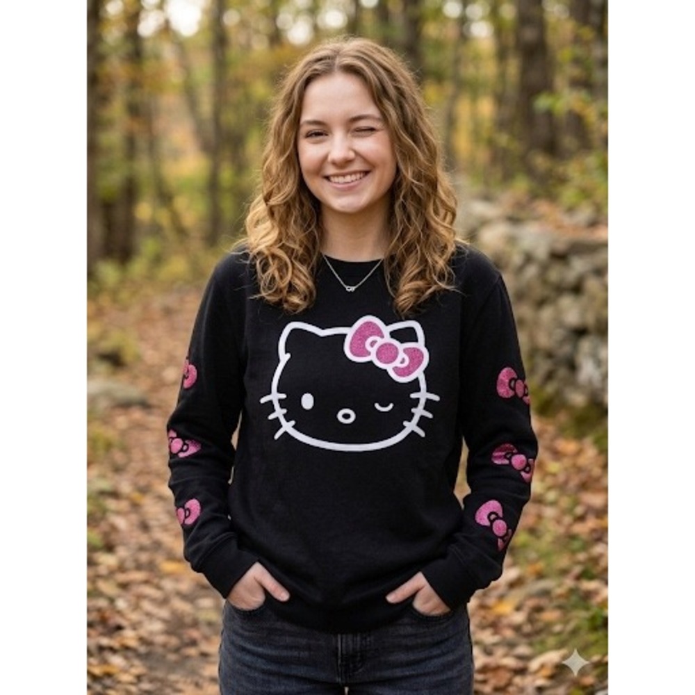 Sanrio Hello Kitty Winking Face Pink Glitter Bow Sweatshirt Black Bioworld L NWT